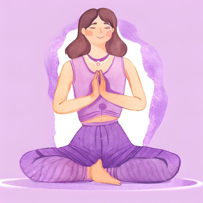 donna mora di bella presenza, che è in posizione yoga con le mani sul cuore che emana energia, con sfondo viola sfumato